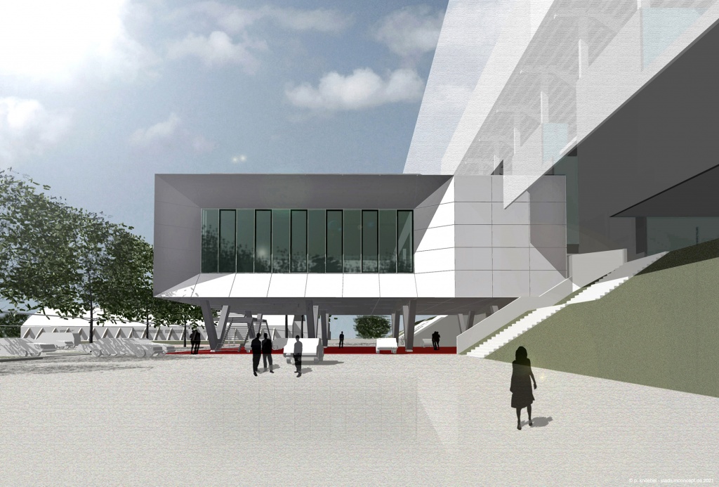 „The Box“ – Multifunktionaler Neubau entsteht an MERKUR SPIEL-ARENA 2 2021 01 26 Bild 1 TheBox 3D Rendering Ansicht von Vorfahrt pk stadiumconcept
